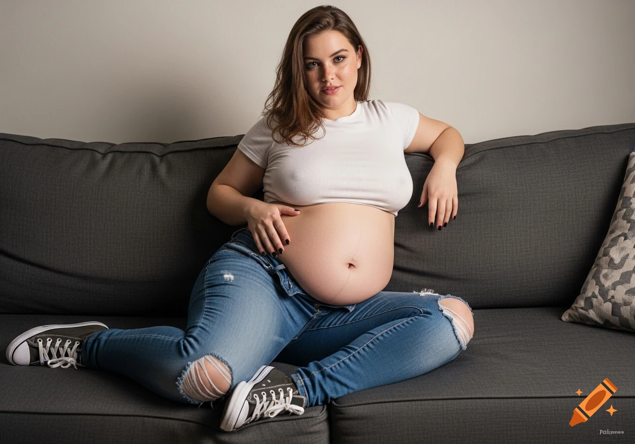 Photorealistic portrait of a pregnant woman with brown hair, wearing a white crop top and ripped jeans, sitting casually on a dark grey couch, looking at the camera.