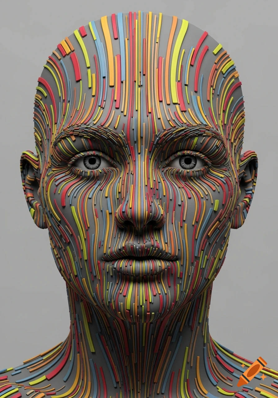 Detailed portrait of a human face rendered with numerous flowing ...