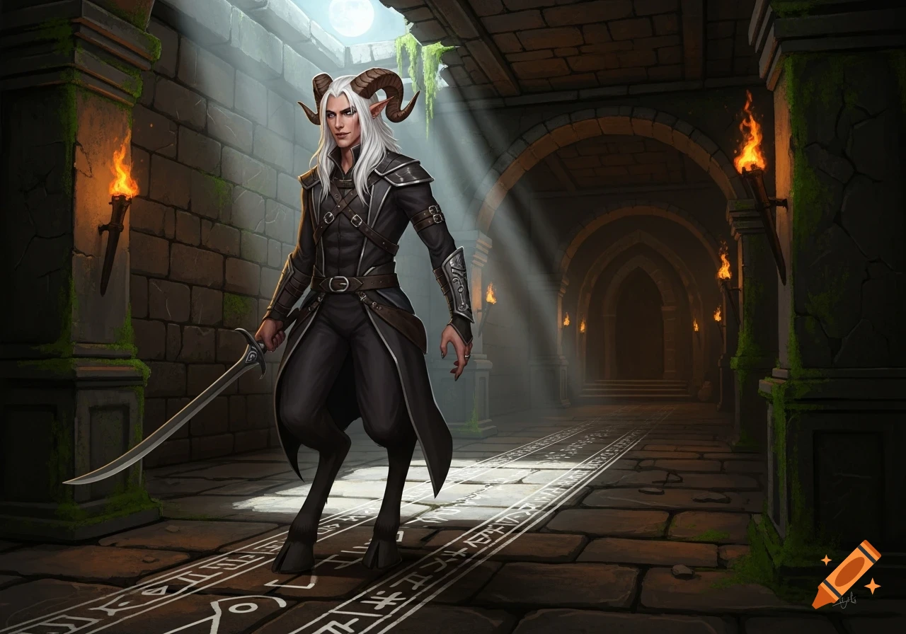 A white-haired, masculine satyr with ram horns, dark clothing, and a sword walks through a torchlit stone dungeon with glowing runes on the floor.