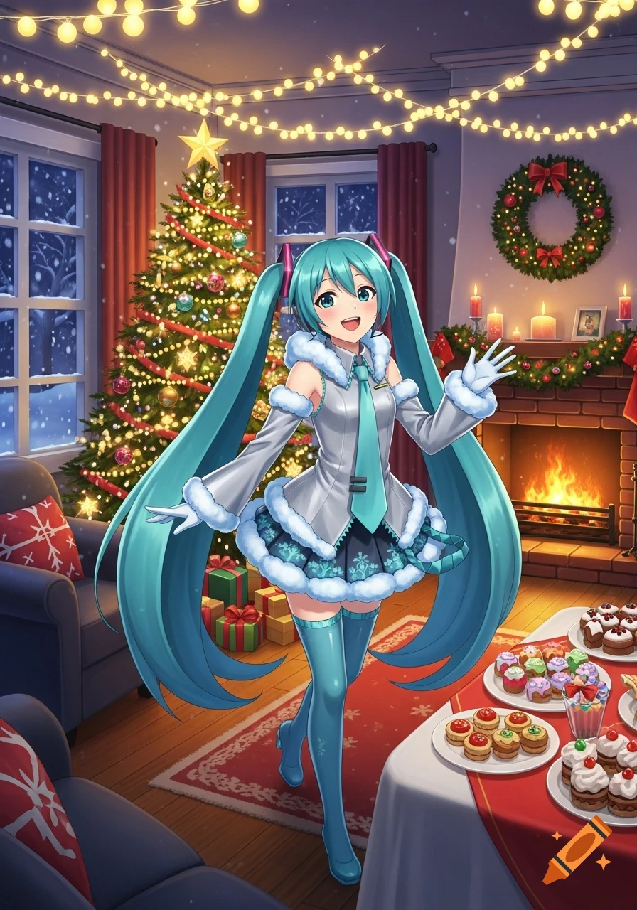 Anime style Hatsune Miku in a winter outfit waving in a festive Christmas living room with a decorated tree, fireplace, and dessert table.