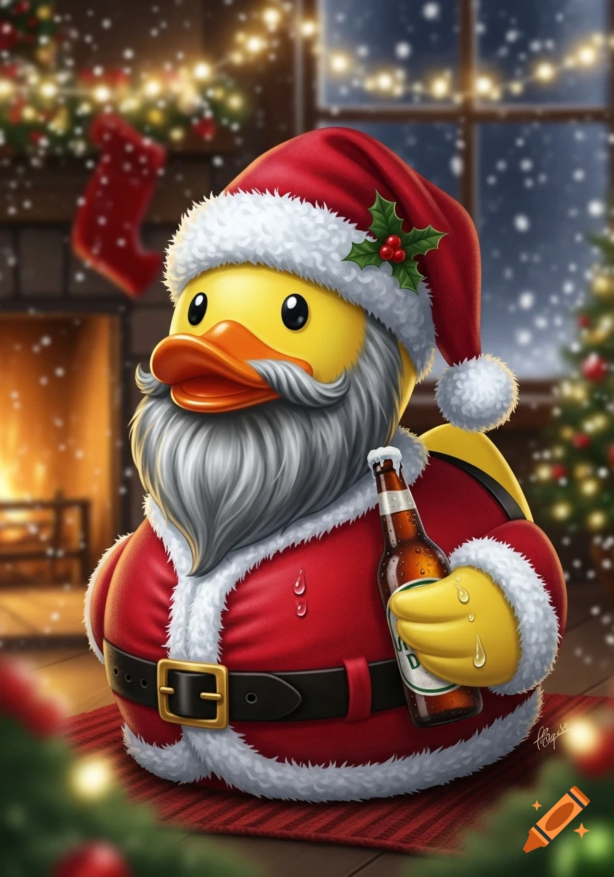 A cartoon rubber duck dressed as Santa Claus with a grey beard, holding a sweating bottle of beer in a cozy Christmas setting.