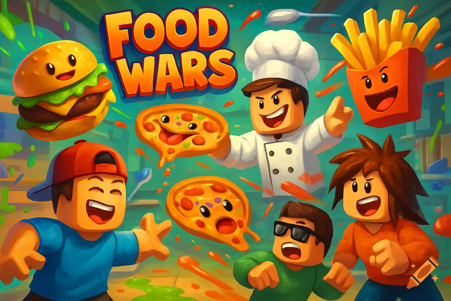 Cartoon Roblox characters throw giant burgers, pizzas, and fries in a messy kitchen battlefield under the title 'Food Wars'.