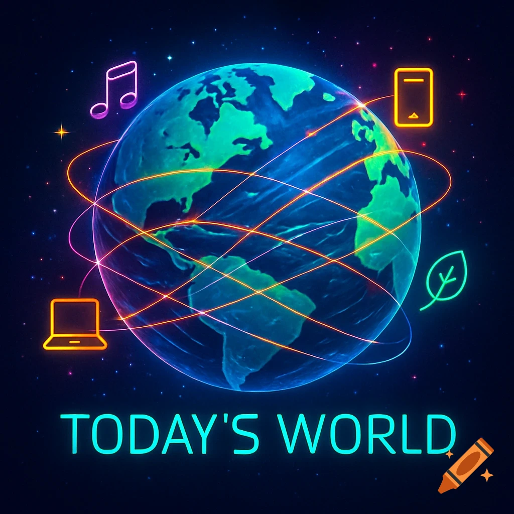 A glowing blue and green globe with neon orange lines and icons representing music, phone, laptop, and a leaf, against a starry background. Below is the text "TODAY'S WORLD" in bright blue.