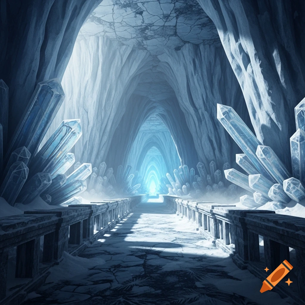 A glowing blue light illuminates a stone walkway through a vast ice cave lined with large, sharp blue crystals.