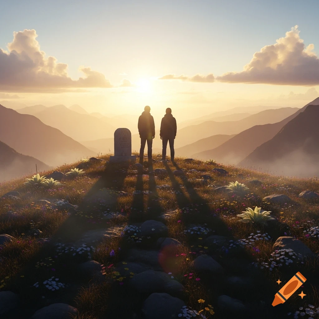 Two figures stand by a tombstone on a mountain peak at sunrise, overlooking a misty landscape with long shadows.