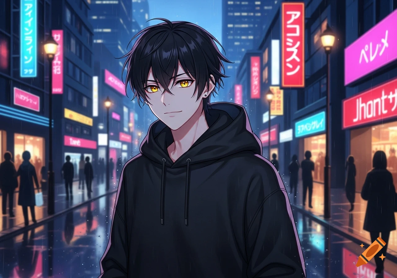 An anime male with black hair and glowing yellow eyes wears a black hoodie, standing on a rainy city street at night amidst neon signs.