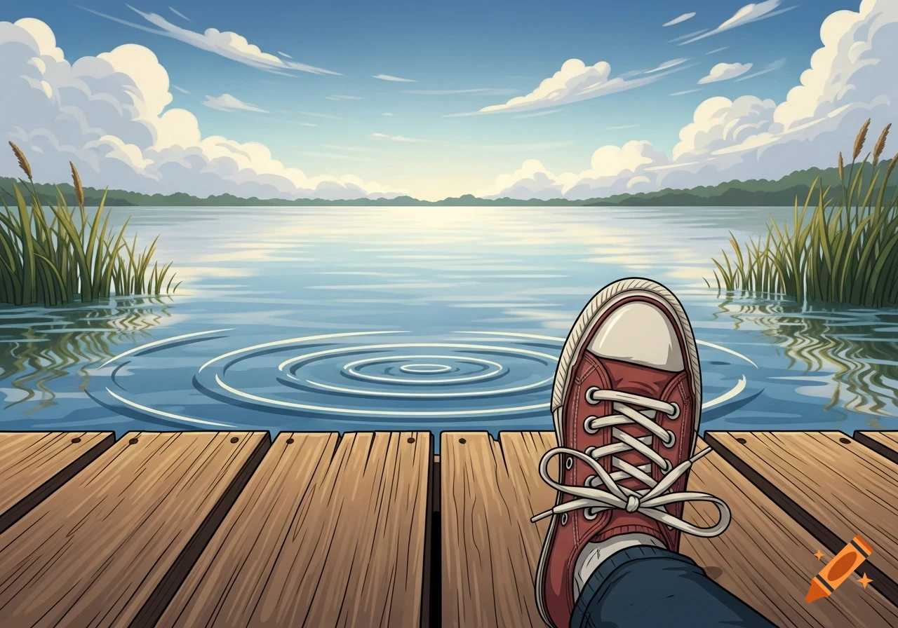 A person's foot in a red canvas shoe rests on a wooden dock, overlooking a tranquil lake with reeds under a cloudy sky in an illustration style.