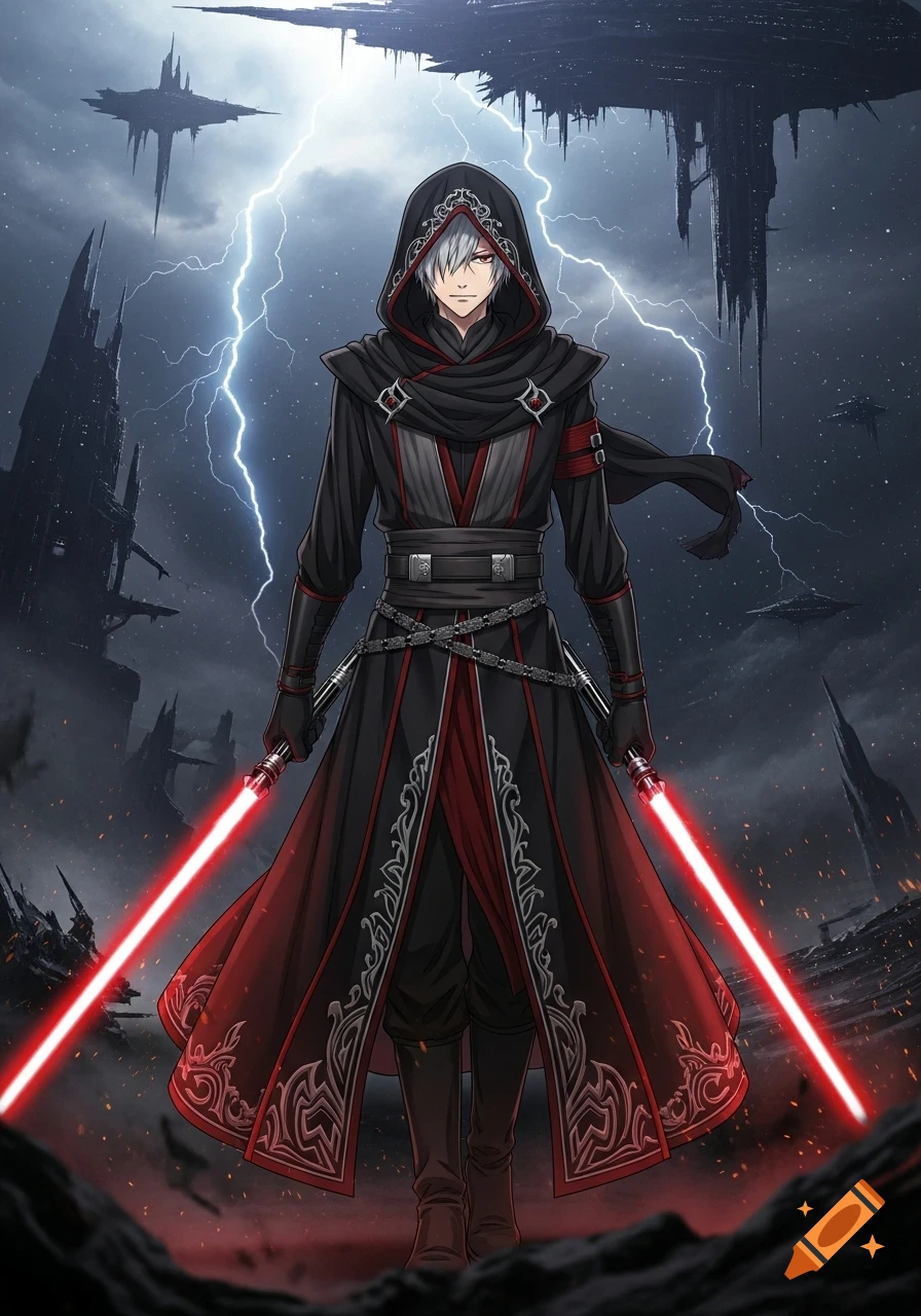 Sith Under Robe Anime-style Sith Lord with white hair, red eyes, in black and red robes ...