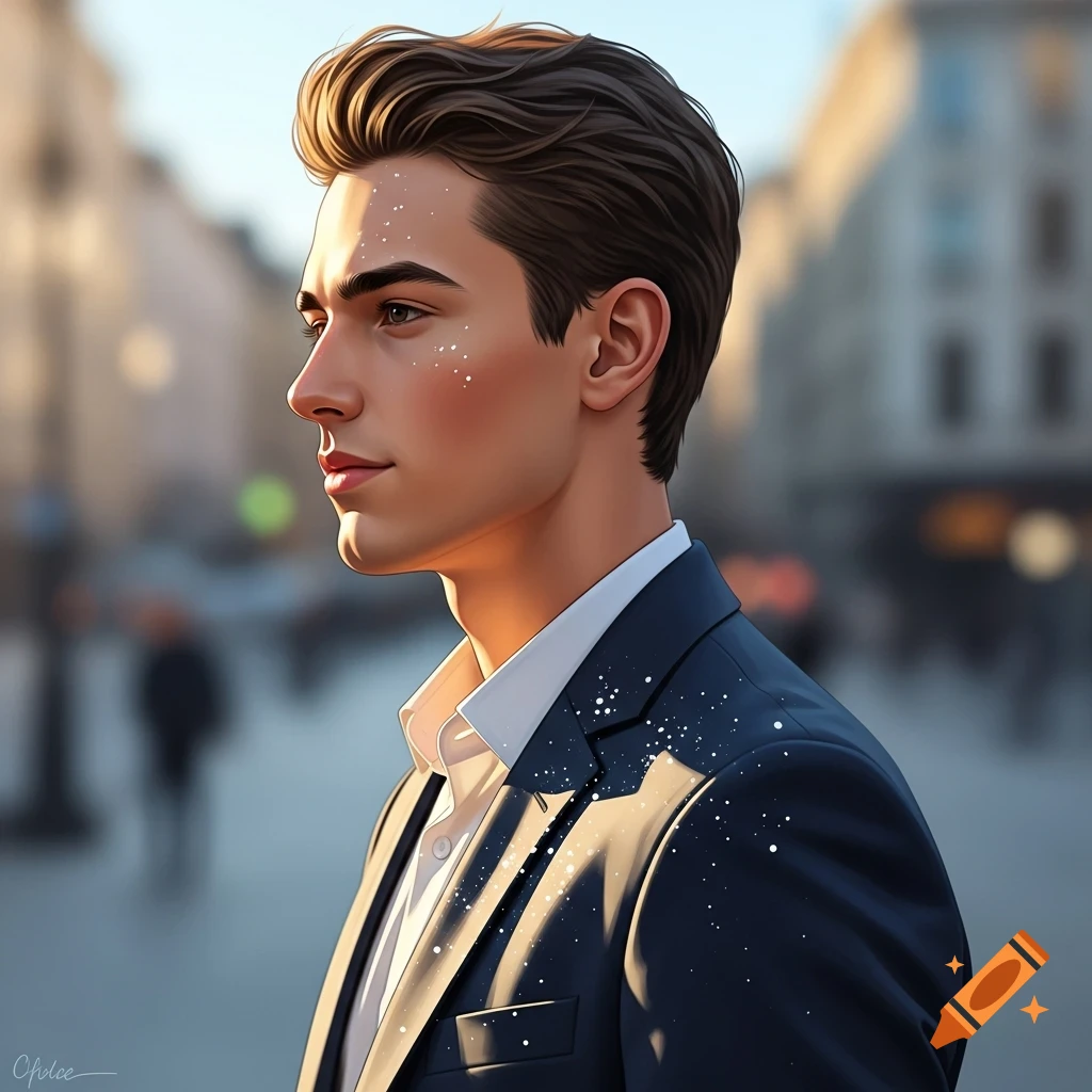 Digital art portrait of a stylish young man in a suit, side profile, with sunlight and glitter, urban background.