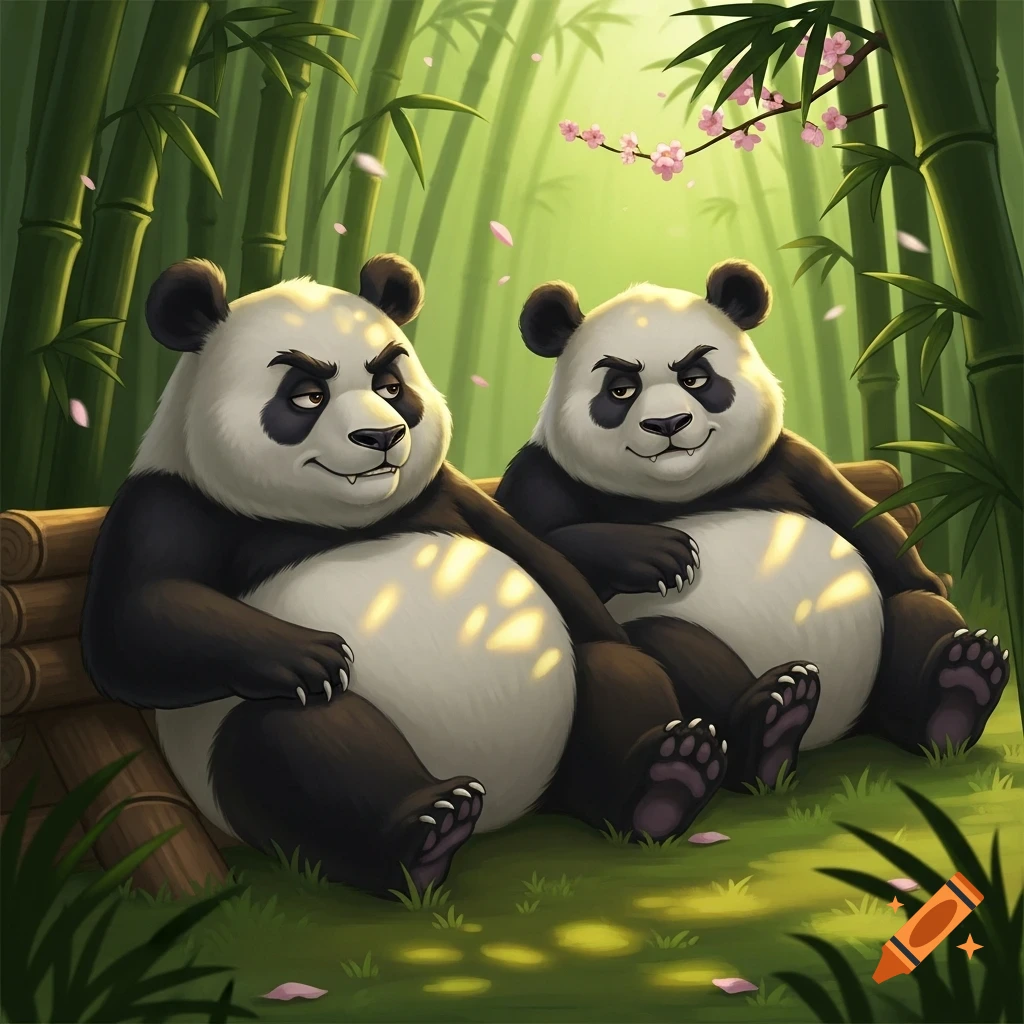 Two cartoon pandas with sly expressions lean back on a wooden log in a lush green bamboo forest with pink blossoms.