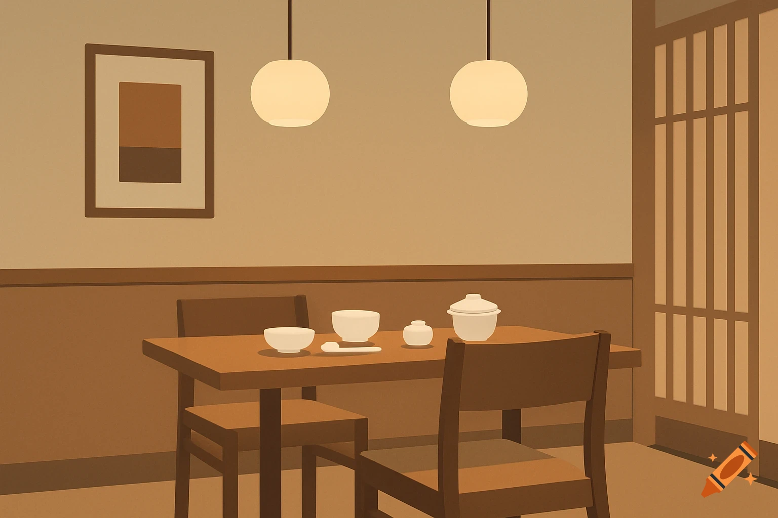 A minimalist flat vector illustration of a restaurant interior with a dining table, chairs, tableware, and two hanging lights.