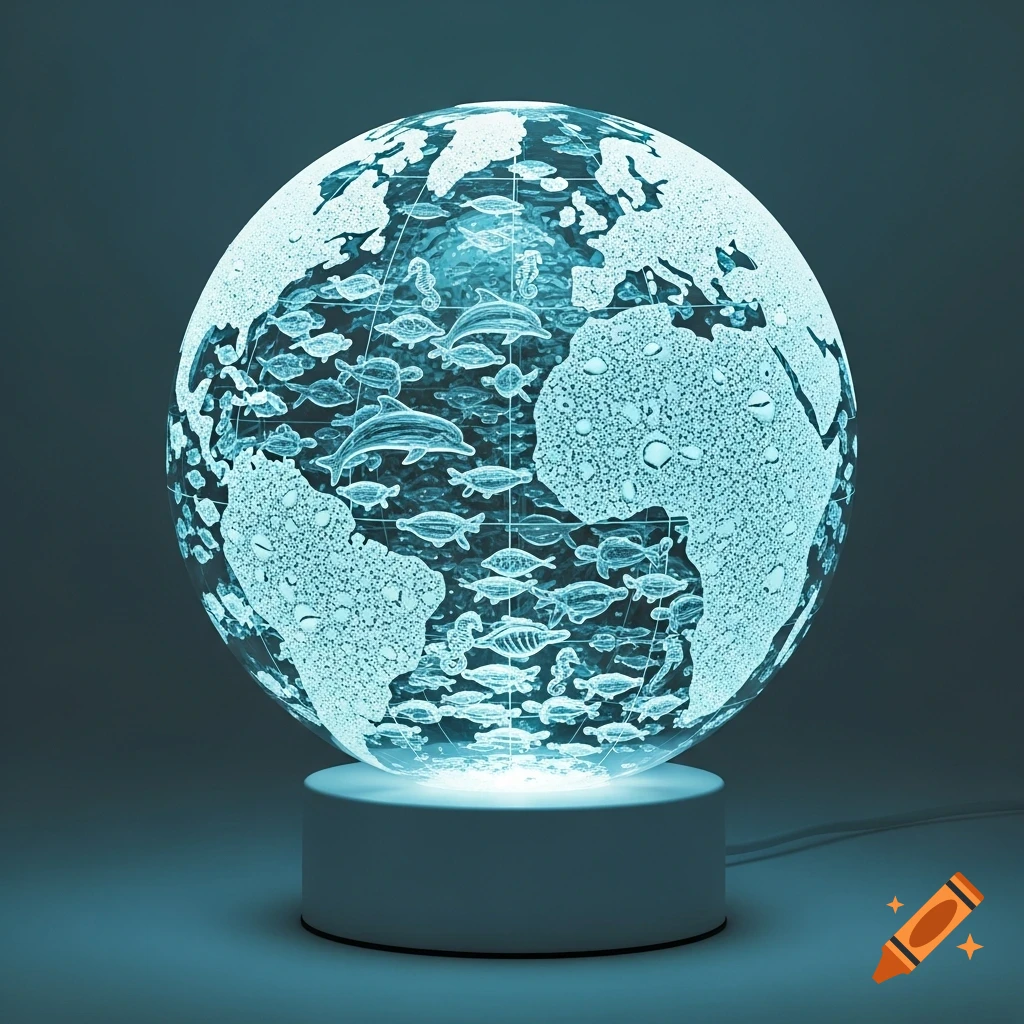 A glowing glass globe of Earth, with oceans filled with small, light blue glass sea creatures like dolphins and turtles, on an illuminated white base.