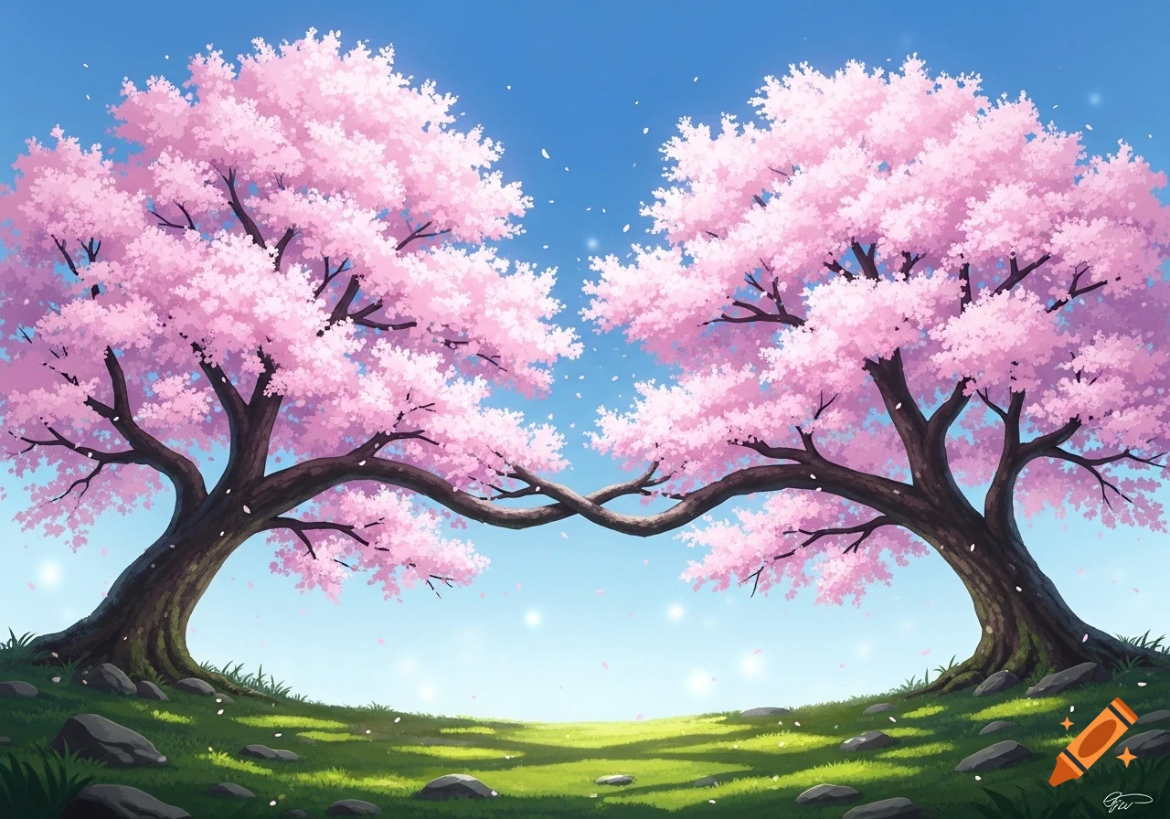 Two anime-style cherry blossom trees with pink flowers arch over a grassy clearing under a blue sky.