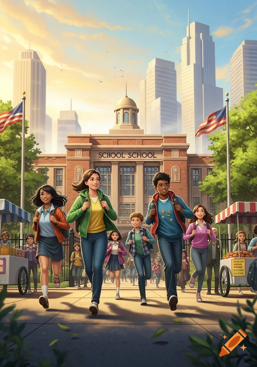 Illustrated diverse students running towards a school building with "SCHOOL SCHOOL" text and American flags, against a city skyline.