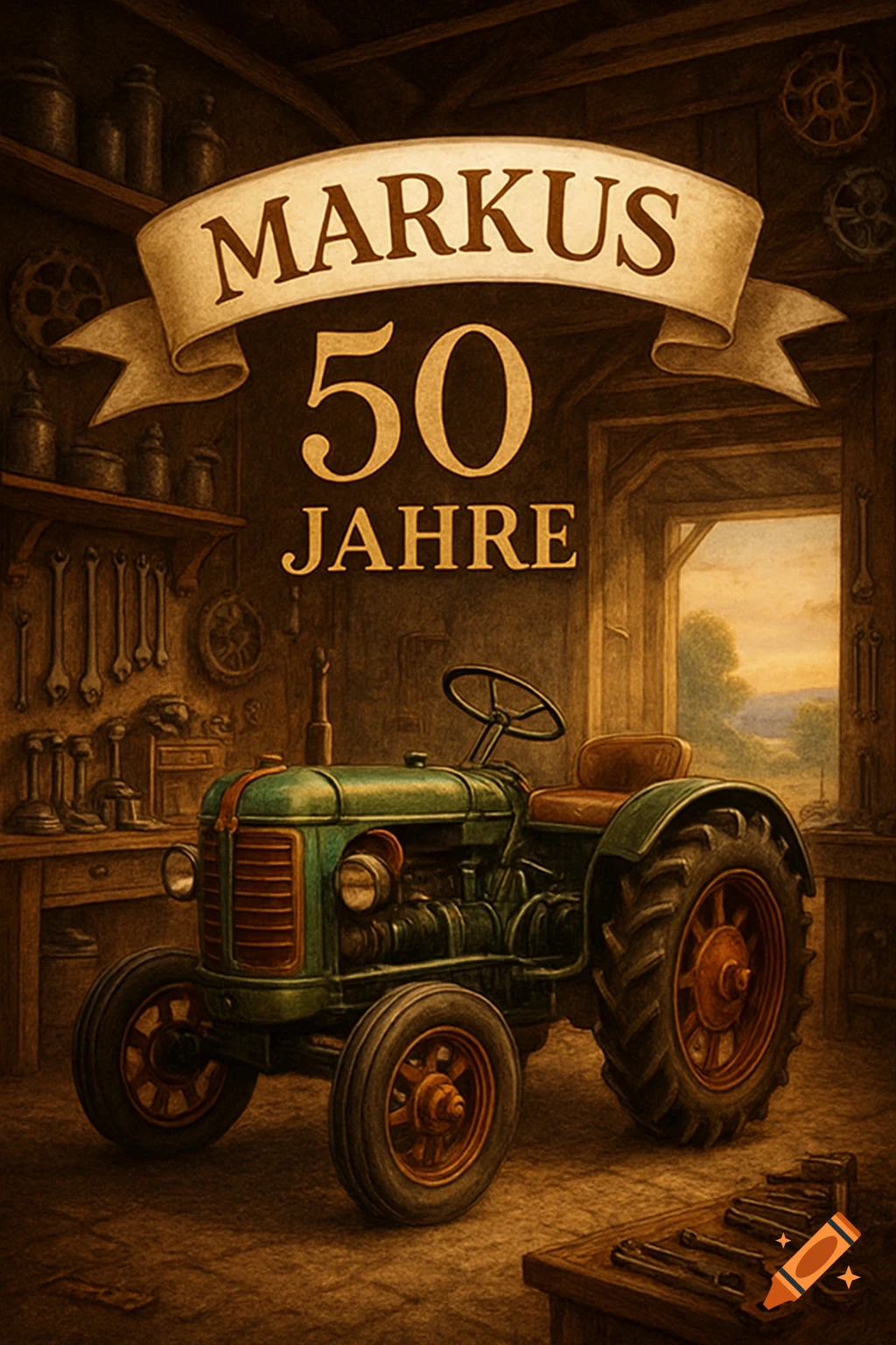 A vintage style invitation card features a green tractor inside a dimly lit workshop with tools on shelves and a banner across the top reading "MARKUS 50 JAHRE" (Markus 50 Years).