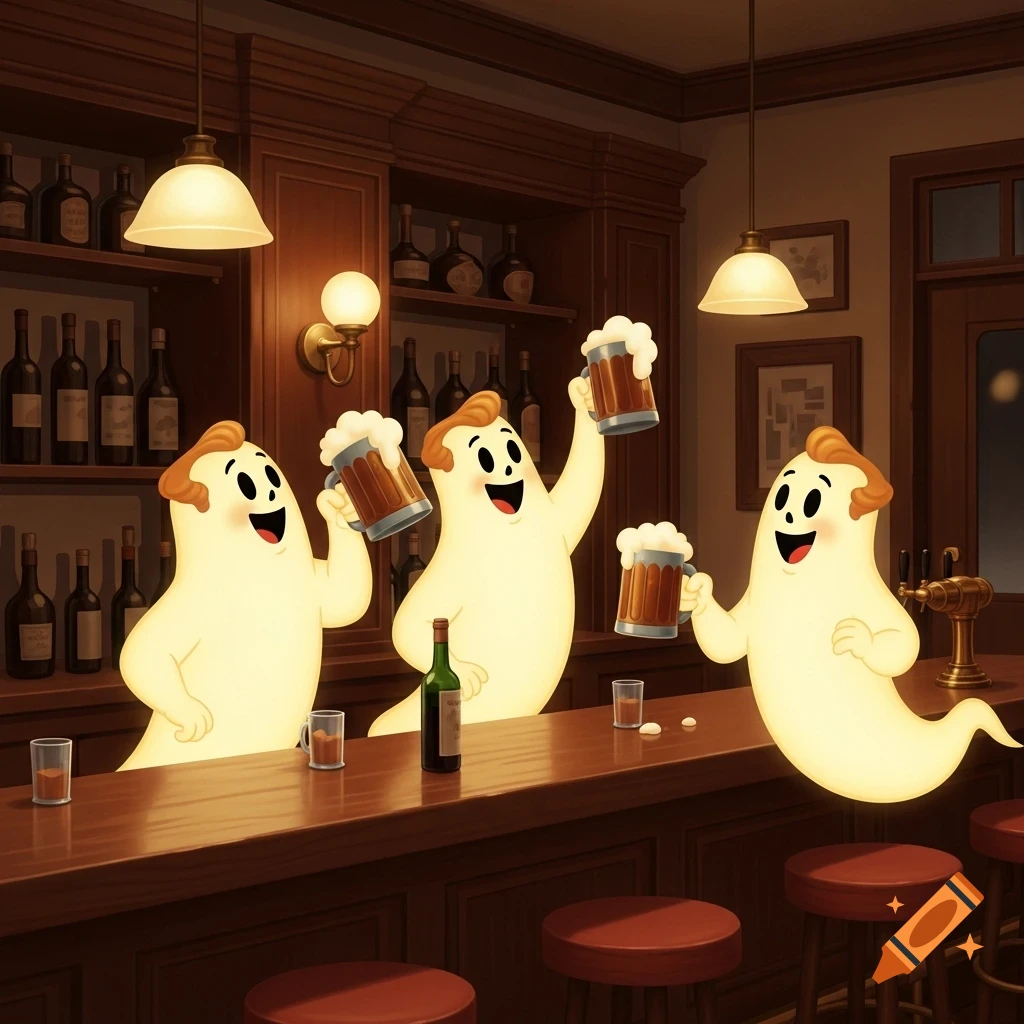 Three cheerful cartoon ghosts in a 1930s bar, toasting with mugs of beer.