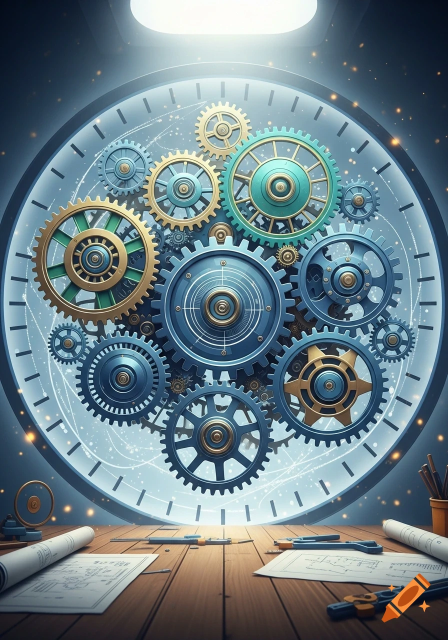 A vibrant digital art image of numerous blue and gold gears resembling a large clock face, with blueprints and drafting tools on a wooden table.