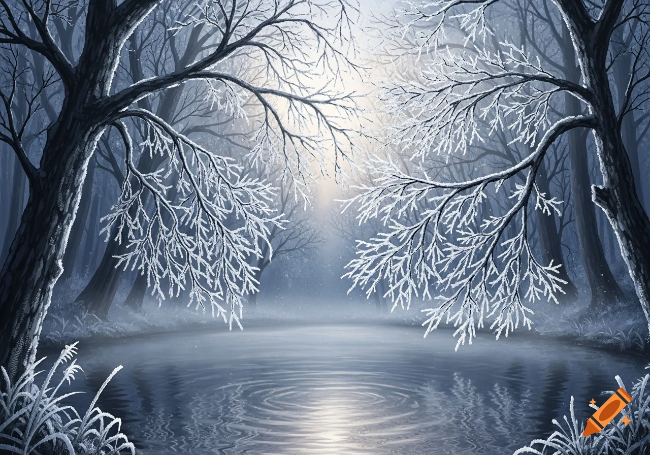 A serene winter landscape featuring frost-covered tree branches gracefully overhanging a tranquil forest pond with gentle ripples, reflecting a bright light.