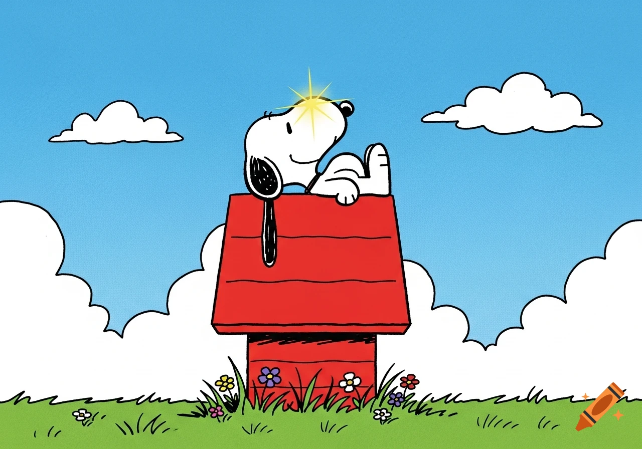Cartoon Snoopy lies on his red doghouse, smiling under a sunny blue sky with white clouds, grass, and flowers.