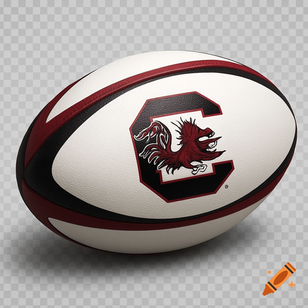 A white, red, and black rugby ball featuring the University of South Carolina Gamecocks logo on a transparent background.