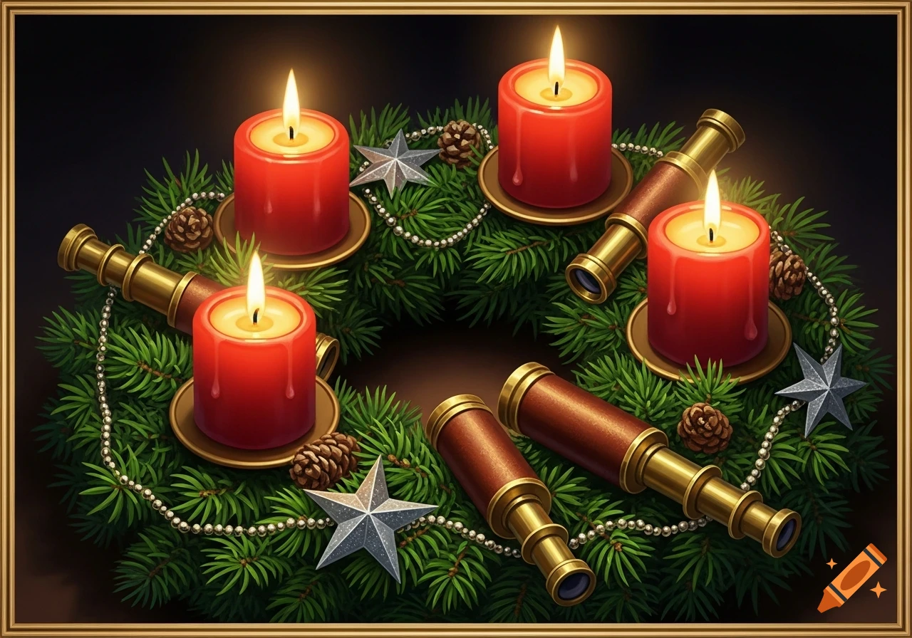 An overhead view of an Advent wreath with four burning red candles, small telescopes, silver stars, and pinecones on evergreen branches.