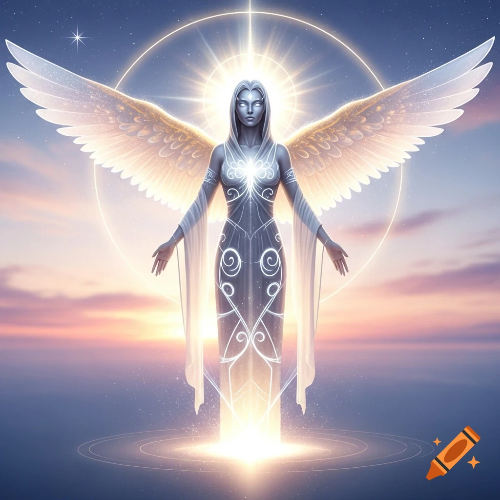 A luminous, ethereal angelic figure with large wings and glowing patterns stands with outstretched arms against a cosmic sunset sky.