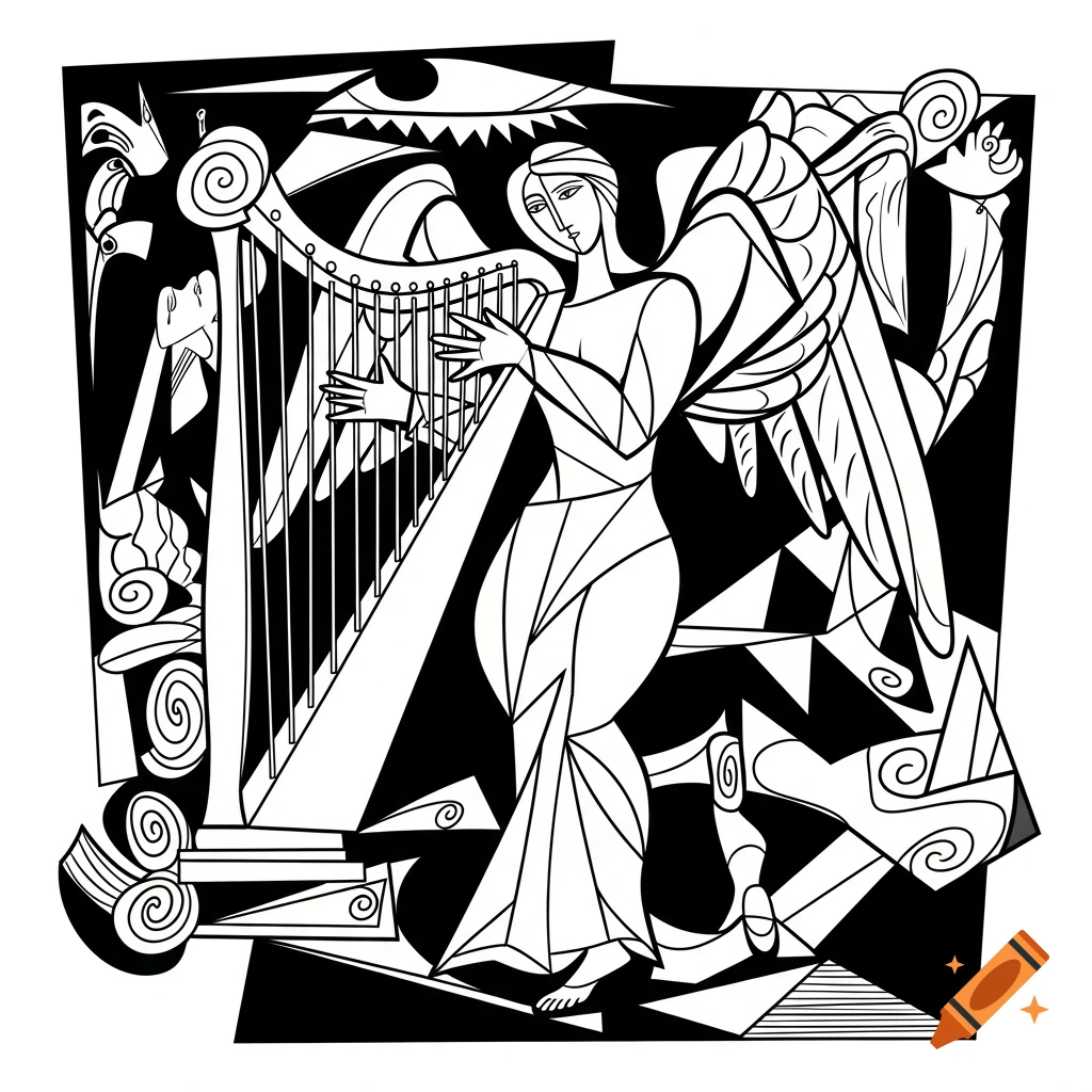 Black and white abstract drawing in Picasso style of an angel with wings playing a harp.