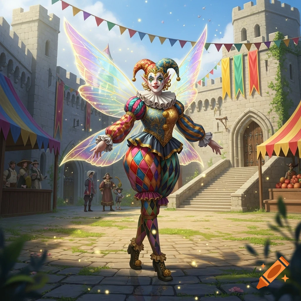 A vibrant fairy clown with large iridescent wings stands in a medieval castle courtyard decorated with colorful banners.