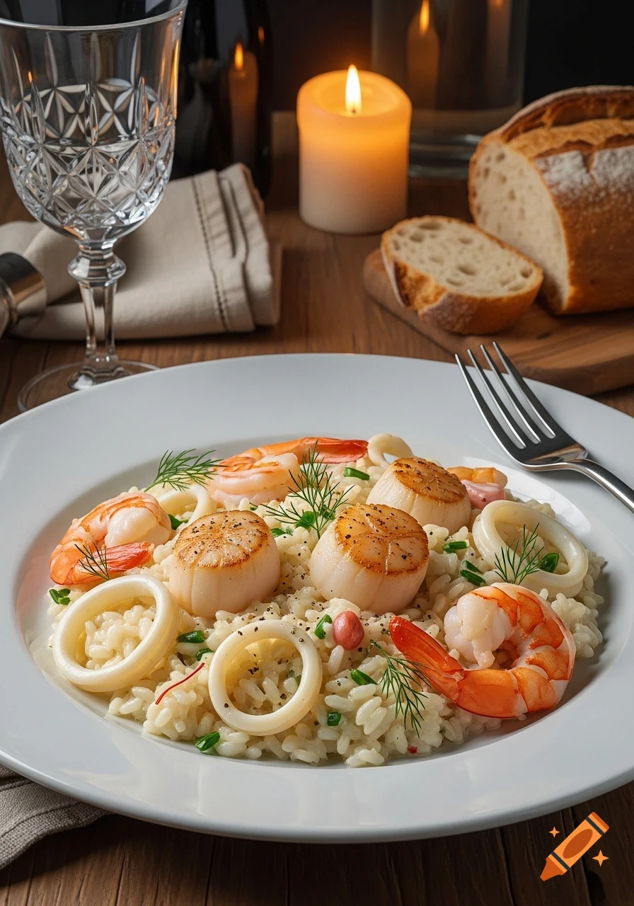 Plate of creamy seafood risotto with scallops, shrimp, and calamari, set on a wooden table with a wine glass, bread, and a lit candle.