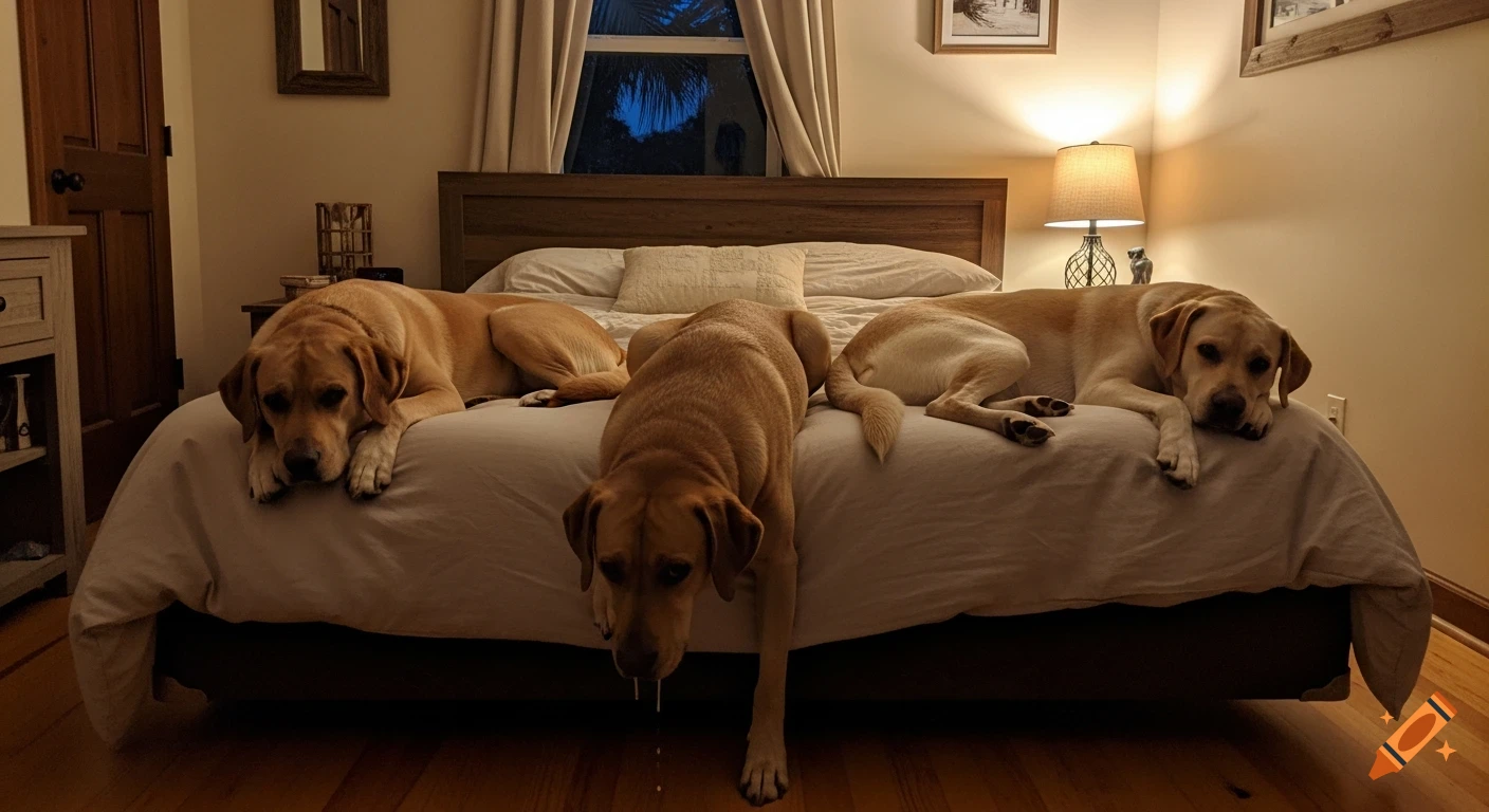 Three photorealistic Labrador dogs resting on a bed in a dimly lit, cozy bedroom, one with slobber hanging from its mouth.