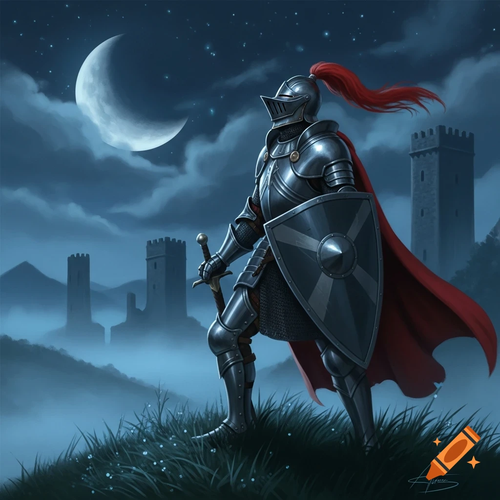 A knight in shining armor with a red cape and shield stands on a grassy hill under a crescent moon, looking towards distant castles.