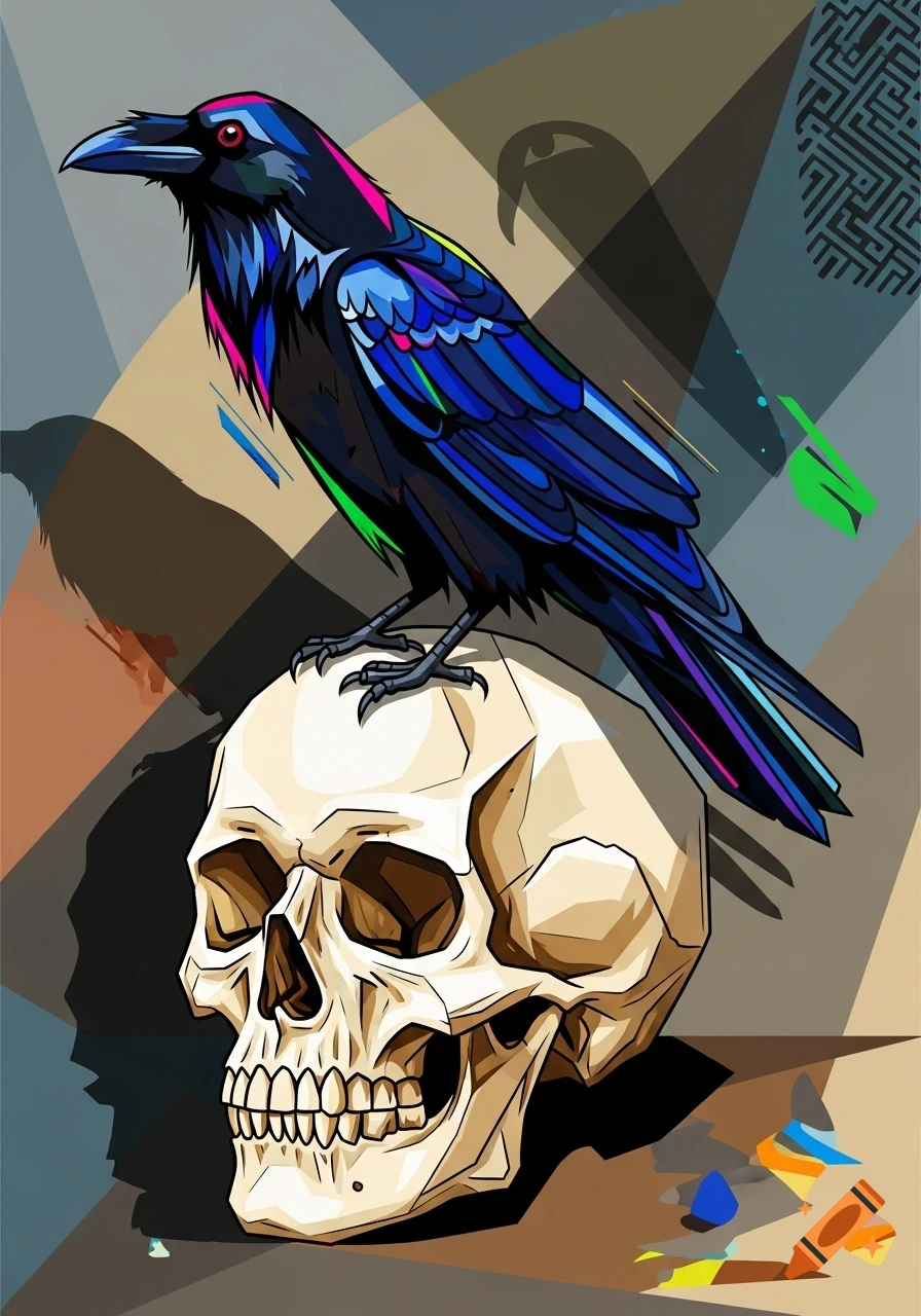 A vibrant, geometric raven with blue and pink feathers perches on a stylized human skull against an abstract background.
