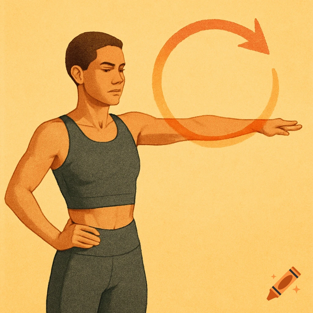 Illustration of a person in a sports bra and leggings rotating their arm, with a circular arrow indicating movement.
