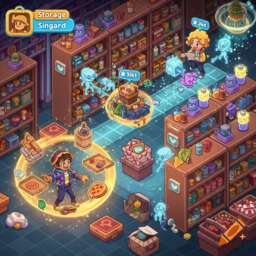 A vibrant isometric cartoon scene of two characters in a magical storage room, surrounded by shelves of items and glowing effects.