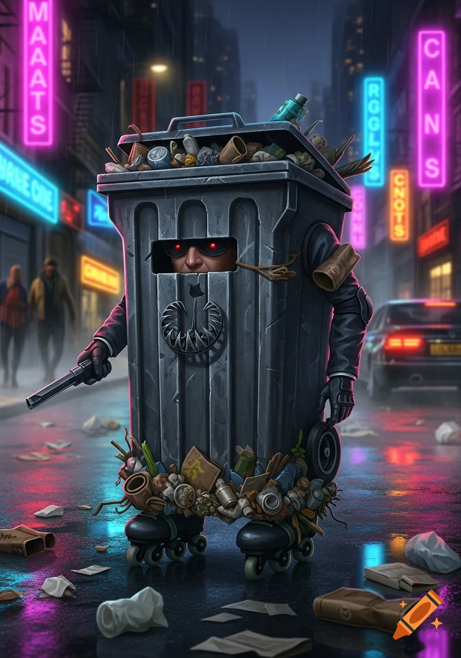 A spy disguised as a trash can with glowing red eyes, holding a gun, on roller skates in a rainy neon city street.