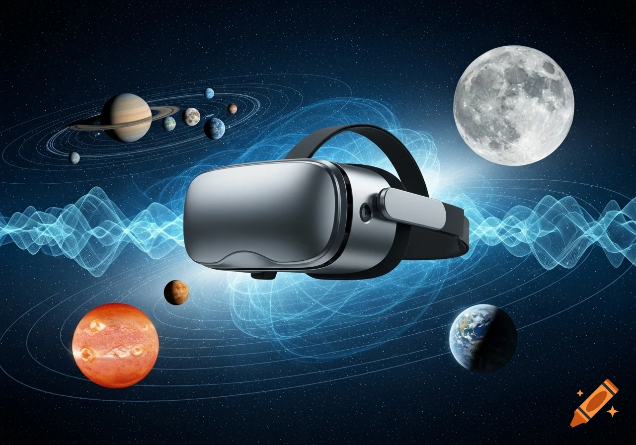 A VR headset floats in space with planets, Saturn, the moon, and blue wavy energy lines surrounding it.