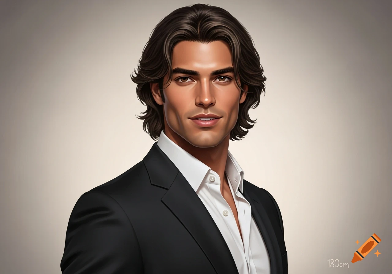 A photorealistic portrait of a man with dark wavy hair, brown eyes, wearing a black suit and white shirt.