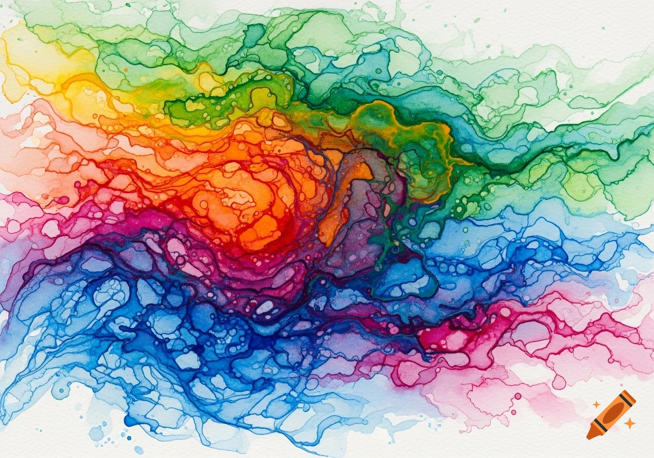 Vibrant abstract watercolor painting featuring flowing, interconnected shapes in a rainbow of colors.