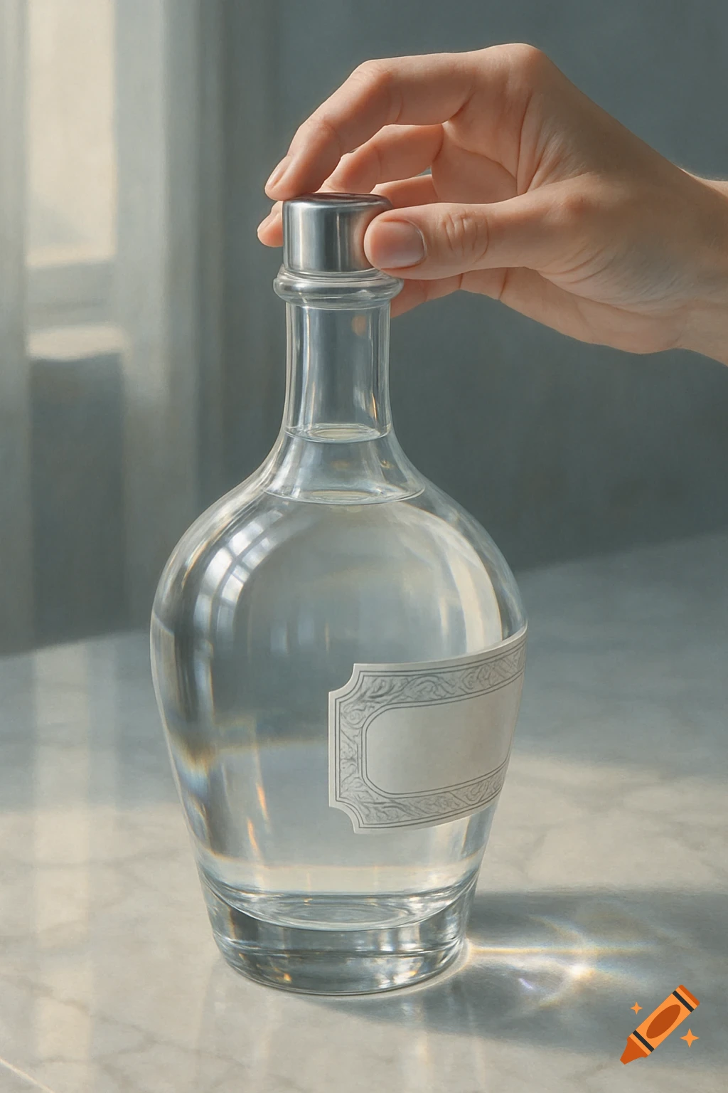 A photorealistic image of a hand placing a silver stopper on a clear glass bottle filled with liquid, featuring a decorative label on a marble surface.