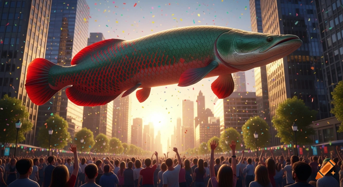 A giant red and green arapaima fish floats above a cheering crowd in a sunny city street, confetti falling over skyscrapers.