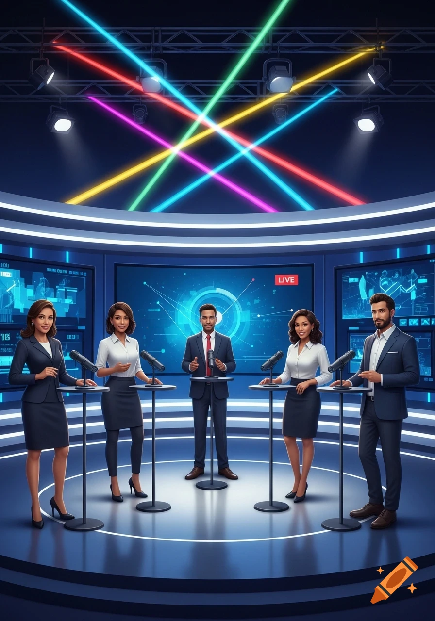 Five diverse moderators stand in a futuristic television news studio with colorful laser lights.