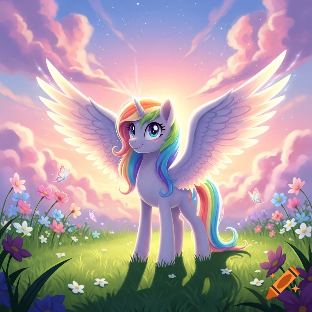 A majestic cartoon pegasus-unicorn with a rainbow mane and tail stands in a field of colorful flowers at sunset.