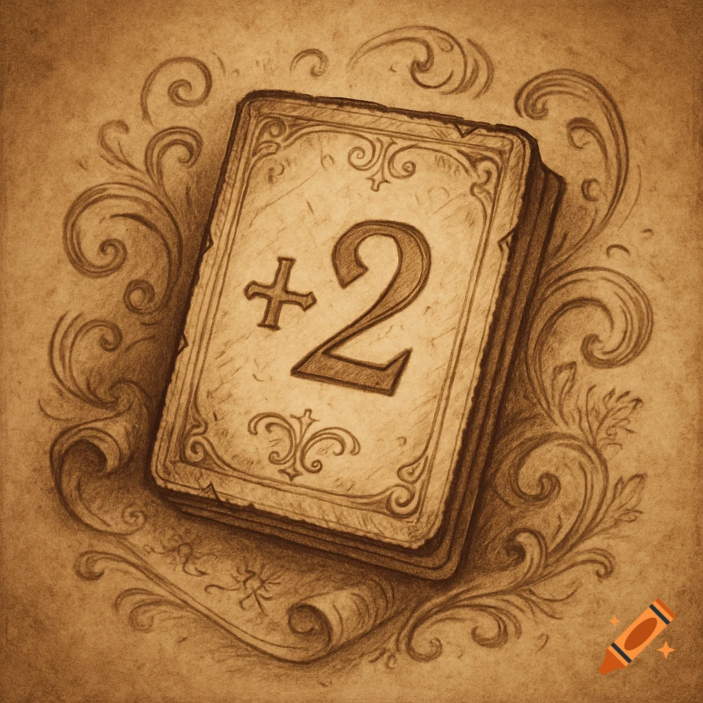 A sepia-toned pencil sketch of an antique-style card with a plus two symbol, surrounded by ornate scrollwork.
