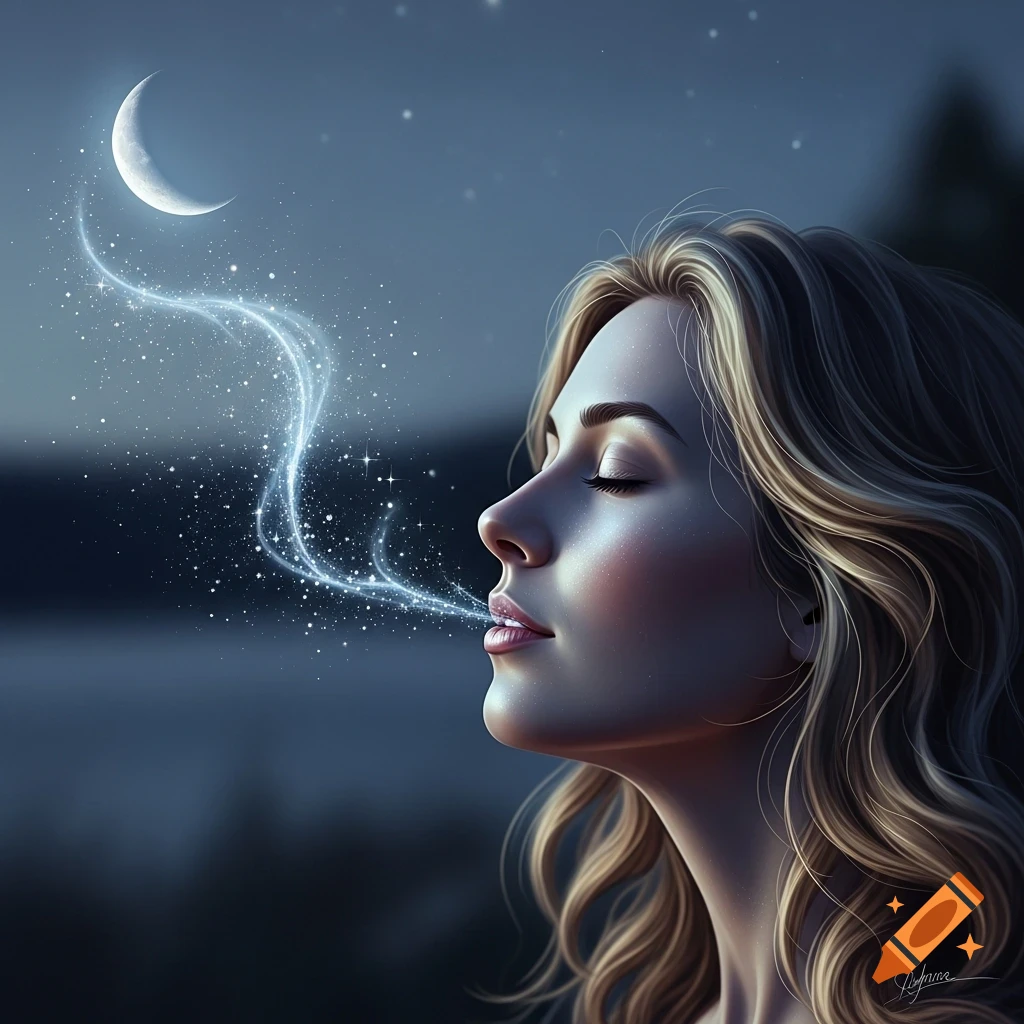 A photorealistic portrait of a woman with closed eyes blowing sparkling magical light towards a crescent moon in a night sky.