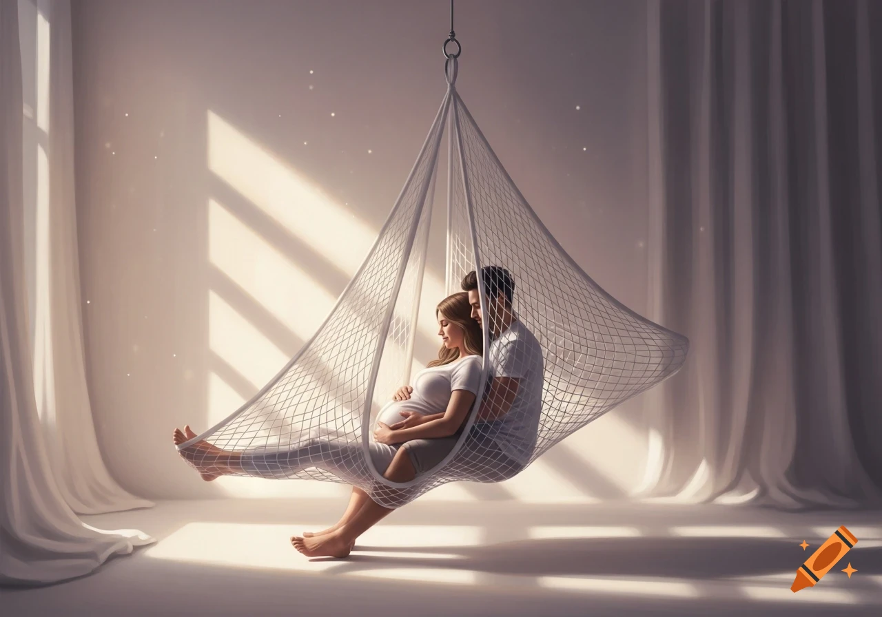A pregnant couple lovingly embraces in a suspended mesh hammock, bathed in soft, dreamy light from a window.