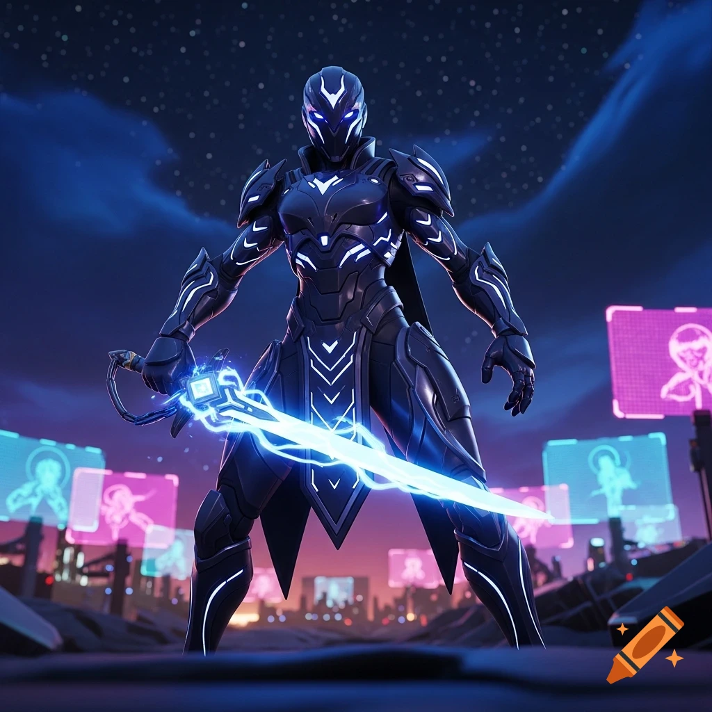 A futuristic warrior in dark, glowing armor holds a bright blue energy sword against a starry night sky with holographic screens.