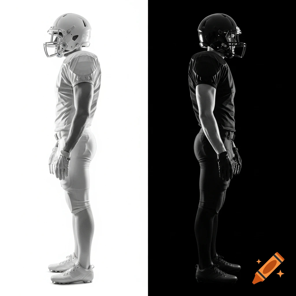 Detailed realistic side view of two identical American football players, one in white uniform on white, one in black on black background.