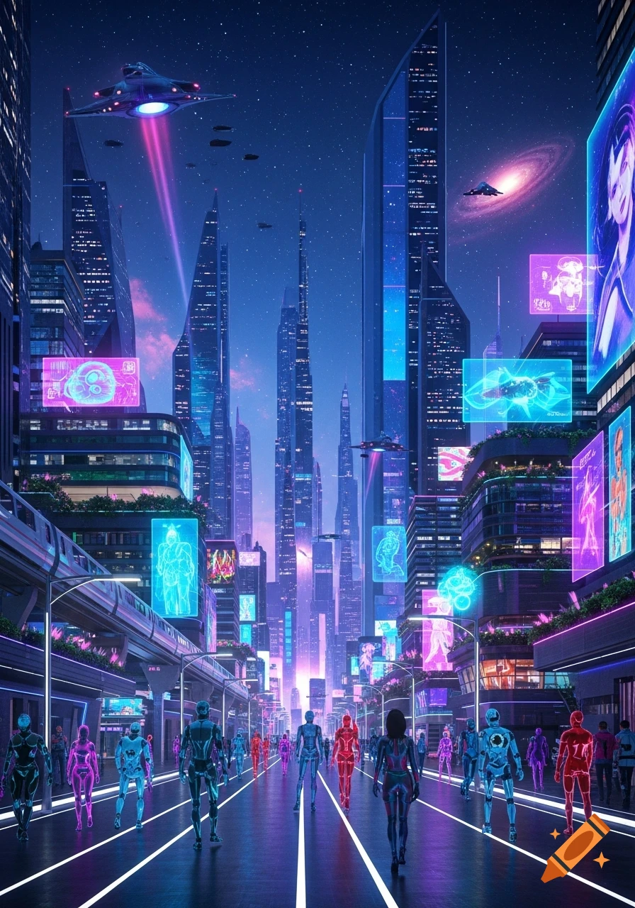 A vibrant futuristic city at night with towering skyscrapers, flying vehicles, glowing neon signs, and humanoid figures walking on a brightly lit street.