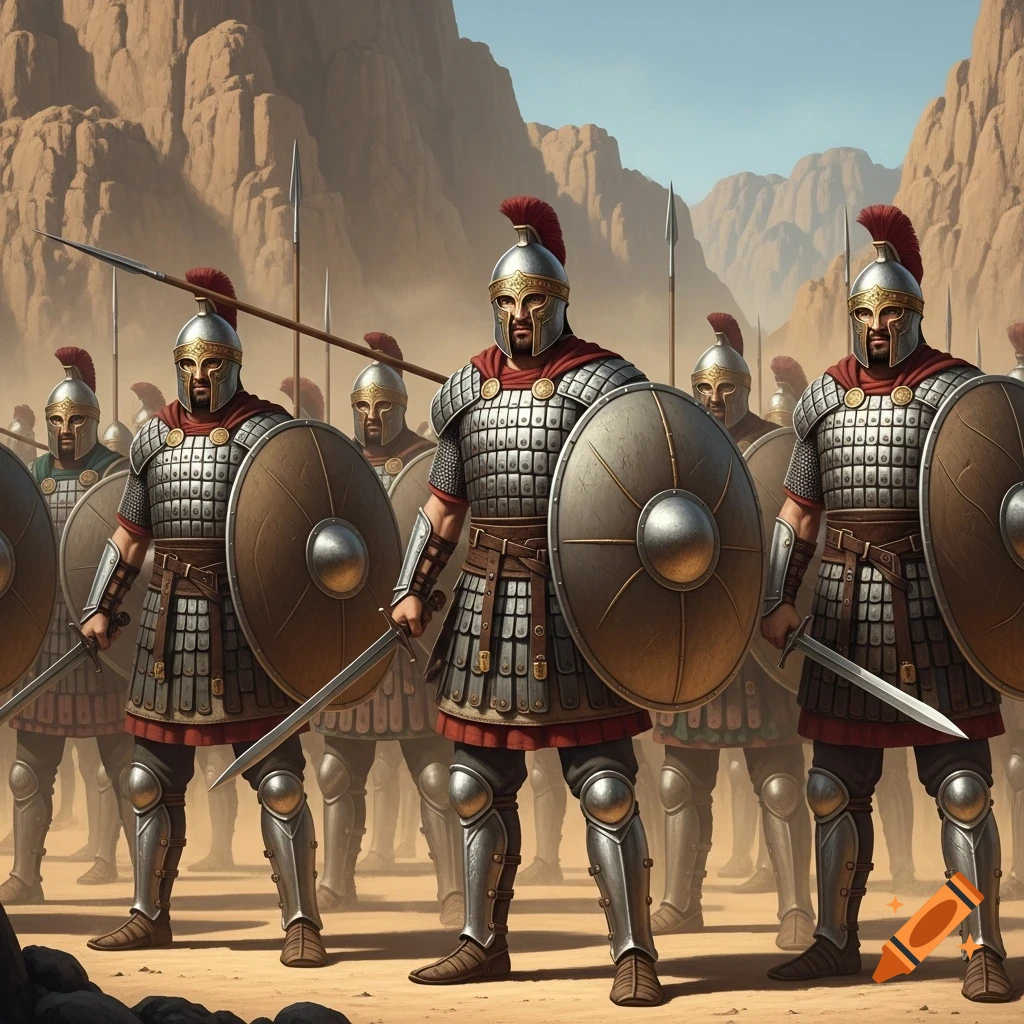 A legion of heavily armored warriors with shields and swords stand in a desert landscape with mountains.