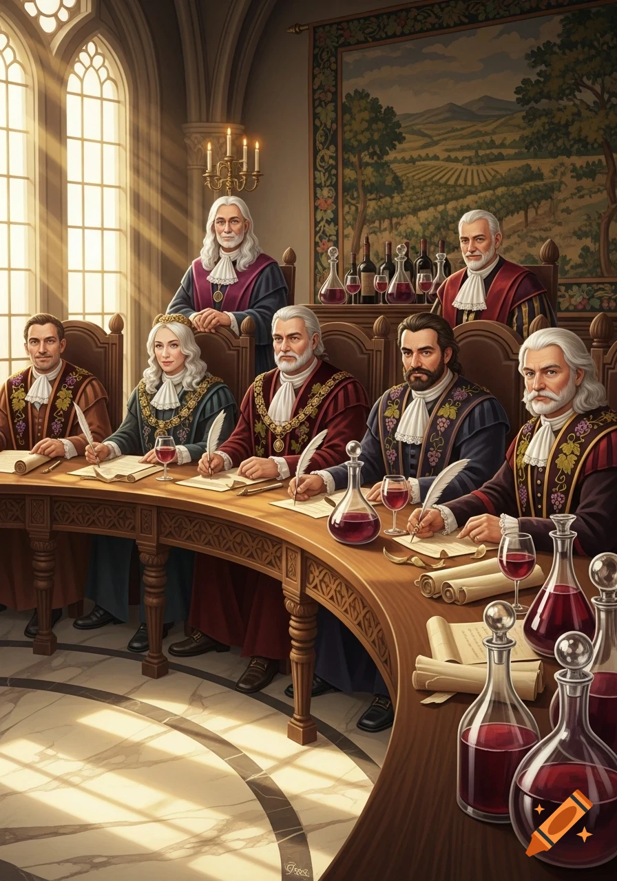 A council of formally dressed men and a woman write with quills at a curved table with wine bottles, in a grand room with a vineyard tapestry.